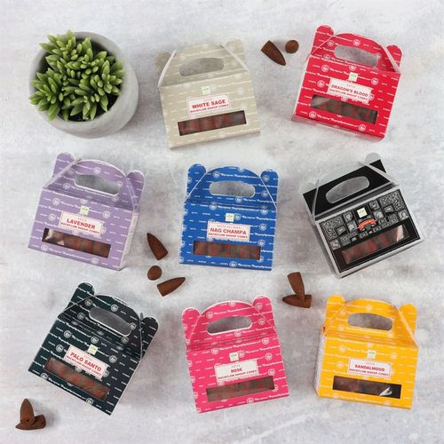 Set of 6 packets of Satya Lavender backflow dhoop cones among assorted incense, perfect for aromatherapy and meditation.