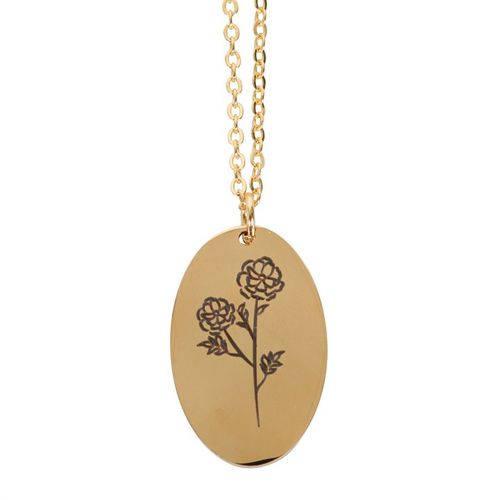 October Birth Necklace Card featuring a gold pendant with engraved marigold flowers, a perfect gift for October birthdays