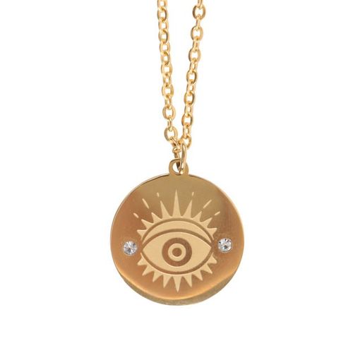 Gold toned All Seeing Eye Necklace featuring an eye design with crystals, perfect for spiritual jewelry enthusiasts