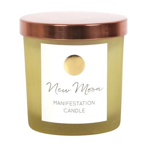 New Moon Orange Candle featuring wild orange scent and clear quartz in a stylish glass jar for manifestation rituals