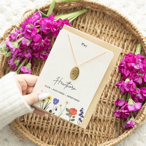 May Necklace Card featuring an elegant hawthorn pendant on floral design, symbolising hope and happiness