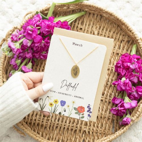 March Daffodil Birth Flower Necklace card featuring a daffodil pendant with floral design, symbolizing hope and renewal