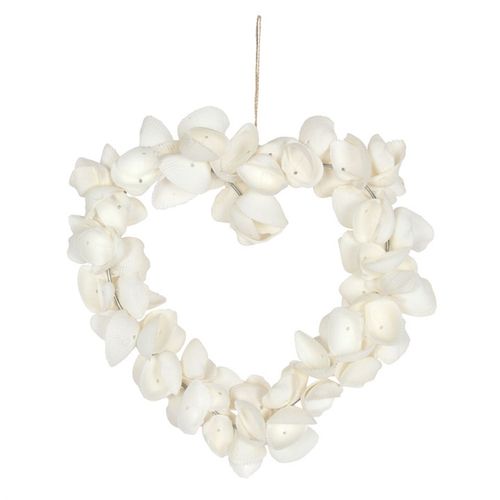 Beautiful 6 inch shell heart wall hanging made of creamy white seashells, perfect for home decor.