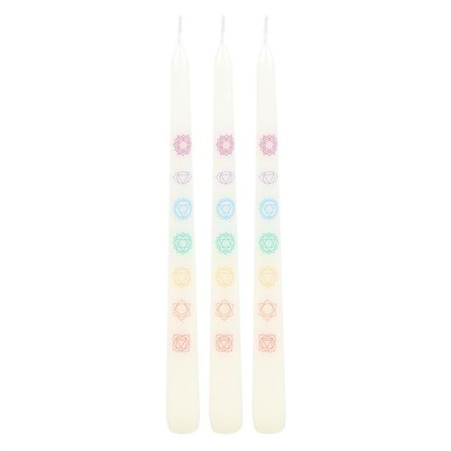Set of 3 chakra balancing candles set featuring colorful chakra symbols for spiritual harmony and ambiance.