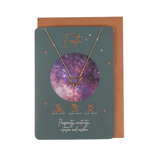 Earth Zodiac Necklace displayed on a card featuring galaxy design, representing prosperity and wisdom for Earth signs.