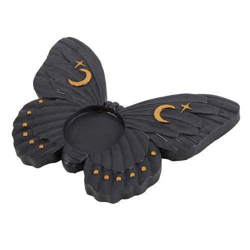 Artistic black moth candle holder with gold accents, perfect for tealights and enhancing spiritual decor