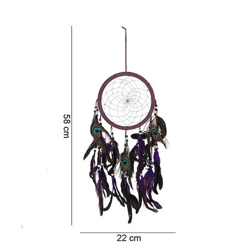 Purple peacock feather dreamcatcher featuring intricate designs with vibrant feathers and beads, perfect for bohemian decor