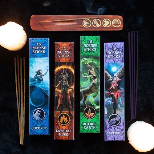 Anne Stokes elemental incense sticks collection featuring Coconut, Egyptian Musk, Mother Earth, and Lavender designs with wooden holder