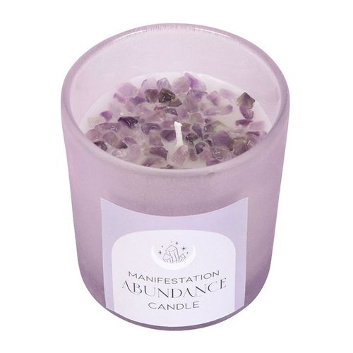 Abundance French lavender crystal chip candle with amethyst chips, perfect for enhancing relaxation and positive energy