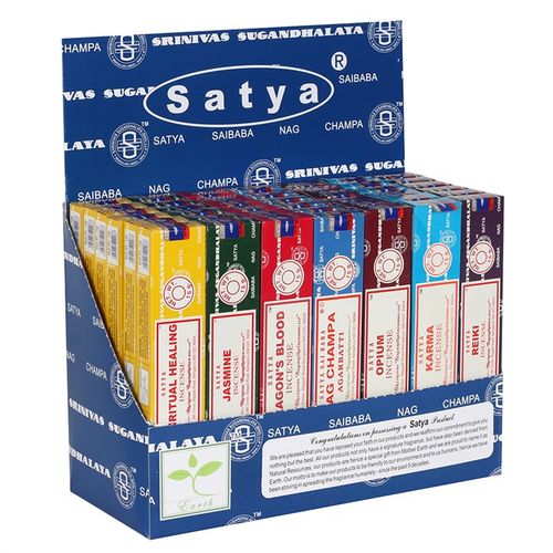 Display of Satya incense sticks starter pack featuring various scents like Jasmine and Dragon's Blood, perfect for aromatherapy
