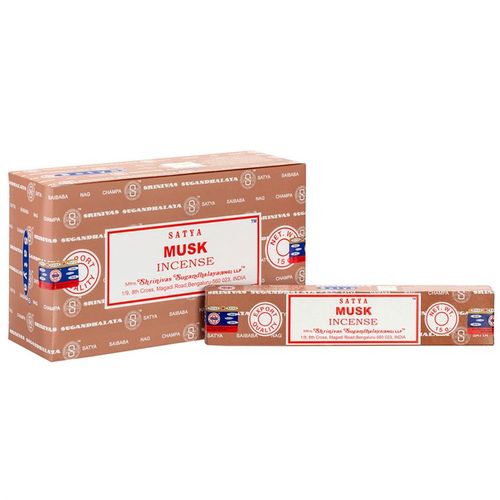 Set of 12 packets of Musk incense sticks set by Satya, packaged in a decorative box, ideal for creating a serene atmosphere.