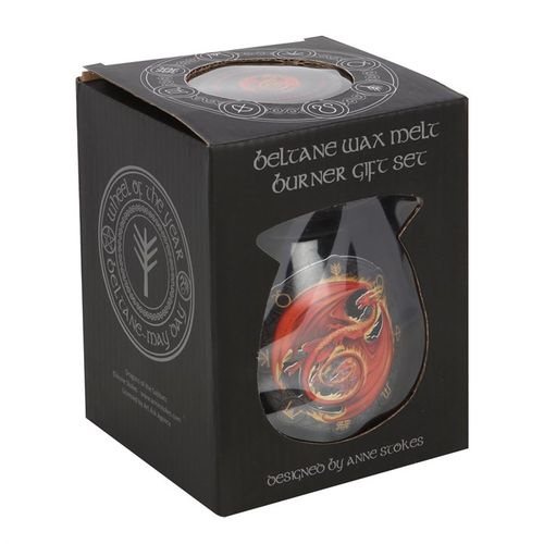 Beltane wax melt burner gift set by Anne Stokes in a decorative black box featuring a vibrant dragon design