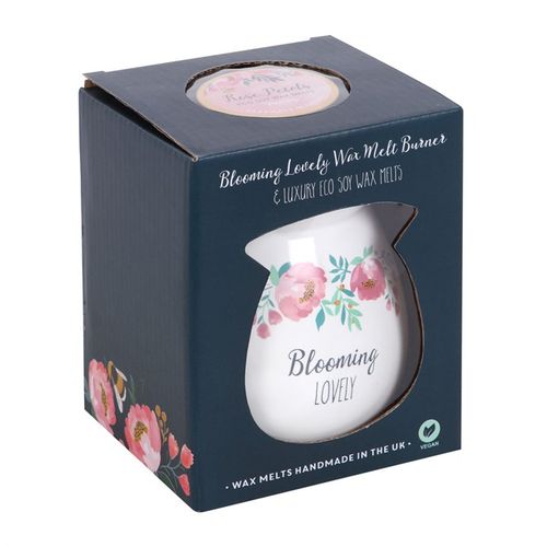 Large wax melt burner gift set featuring a floral-patterned ceramic burner and luxury eco soy wax melts.