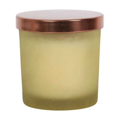 New Moon Orange Candle with clear quartz in a frosted glass jar featuring a copper lid, perfect for manifestation and spiritual rituals.