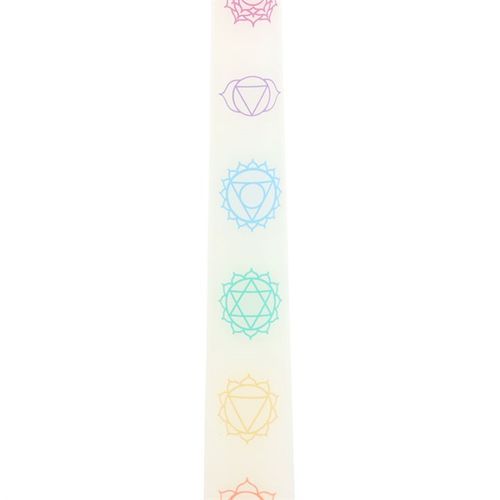 Set of 3 chakra balancing candles set featuring colorful chakra symbols on elegant taper dinner candles for spiritual ambiance