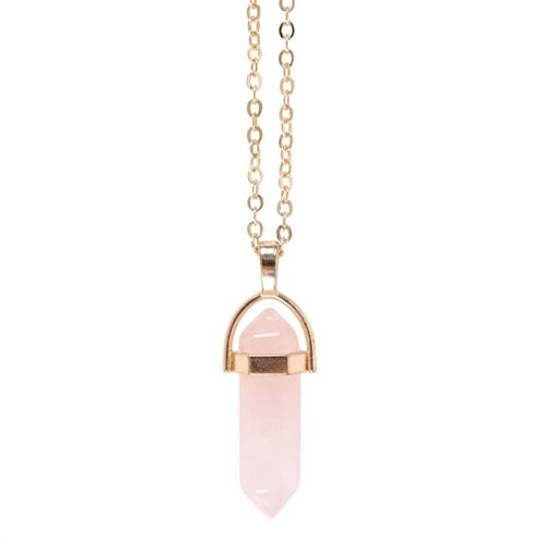 Beautiful rose quartz crystal necklace and card featuring a polished pink quartz pendant on a delicate gold coloured chain