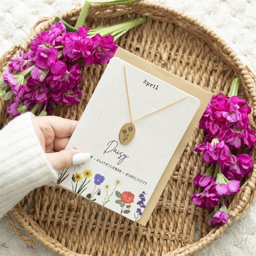 April birth flower necklace elegantly displayed on a card surrounded by vibrant flowers, perfect gift idea