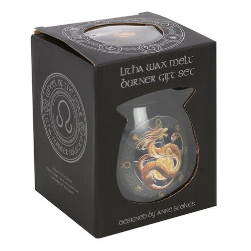 Litha wax melt burner gift set by Anne Stokes in decorative packaging featuring a dragon design.
