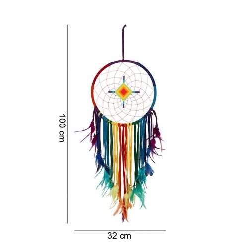 Colorful Chakra dreamcatcher for healing featuring a diamond center and flowing ribbons, ideal for spiritual decor.