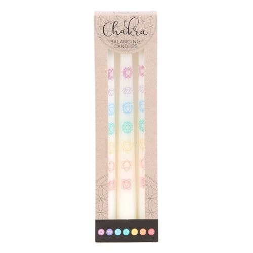 Set of 3 chakra balancing candles set featuring colorful chakra symbols for spiritual rituals and ambiance