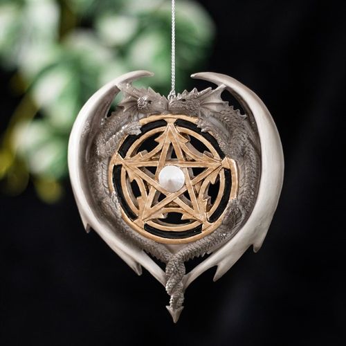 Dragon Magic Hanging Ornament by Anne Stokes featuring intricate dragon details and a pentagram design with a pearl centerpiece.