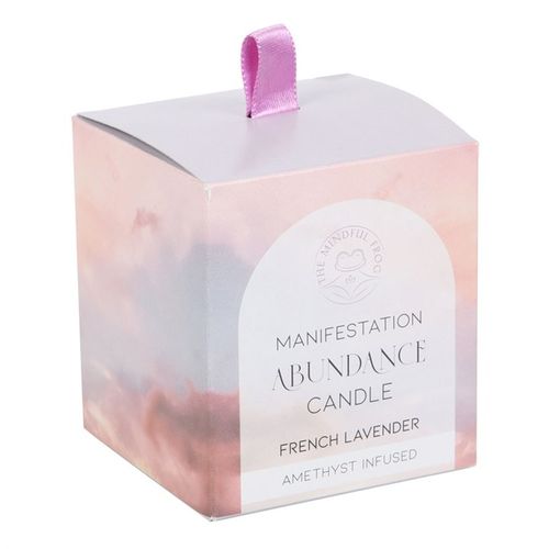 Abundance French lavender crystal chip candle in a beautifully designed box with pink tones for manifestation and relaxation