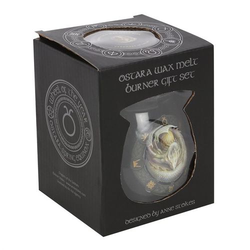 Ostara wax melt burner gift set by Anne Stokes in a decorative black box featuring mystical designs.