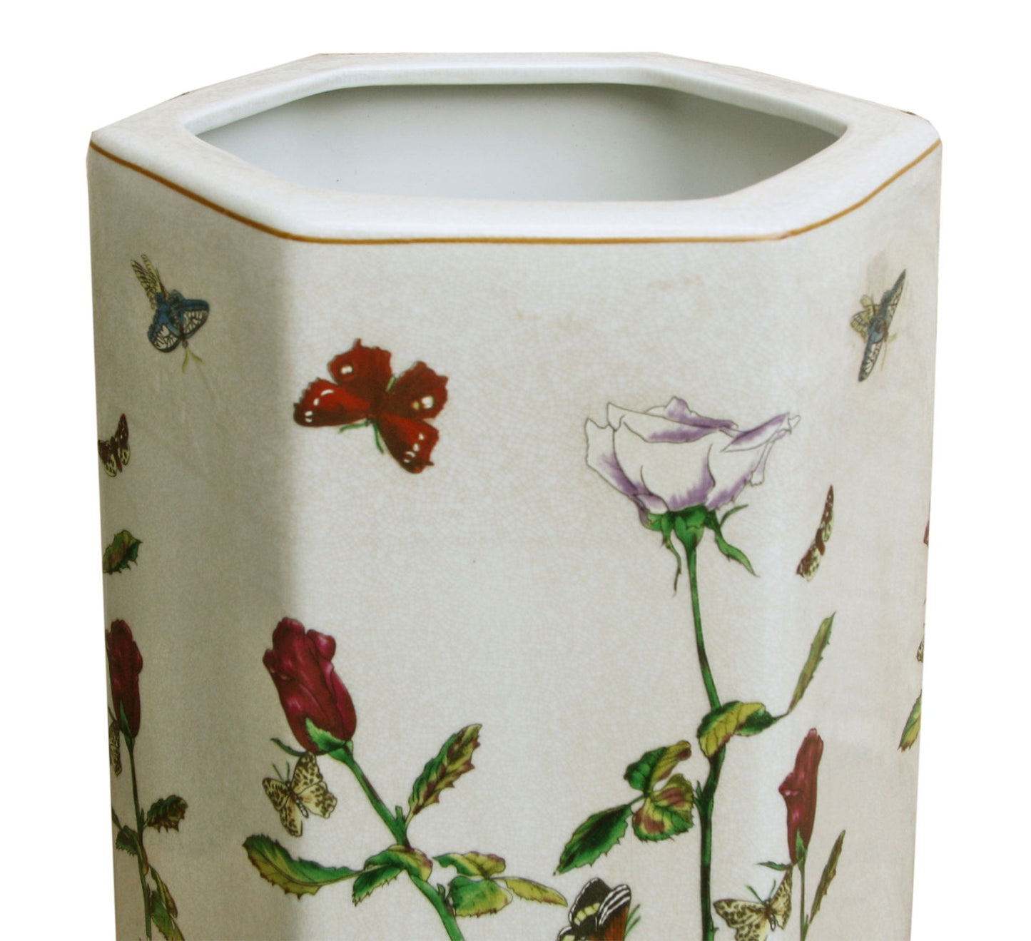 Geko Products hexagonal ceramic umbrella stand with floral and butterfly design in white