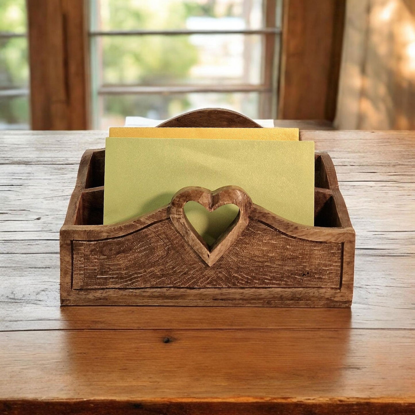 Geko Products mango wood letter rack with heart-shaped cutout holding manila envelopes on wooden table