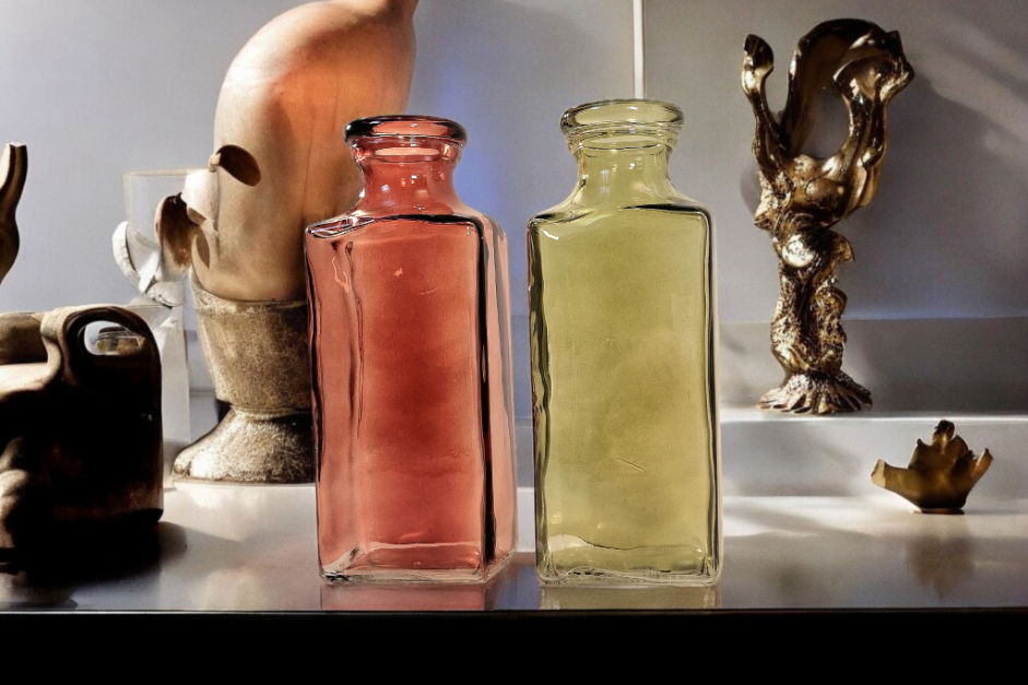 Red and Green Rectangle Glass Vases displayed on a shelf with decorative items around