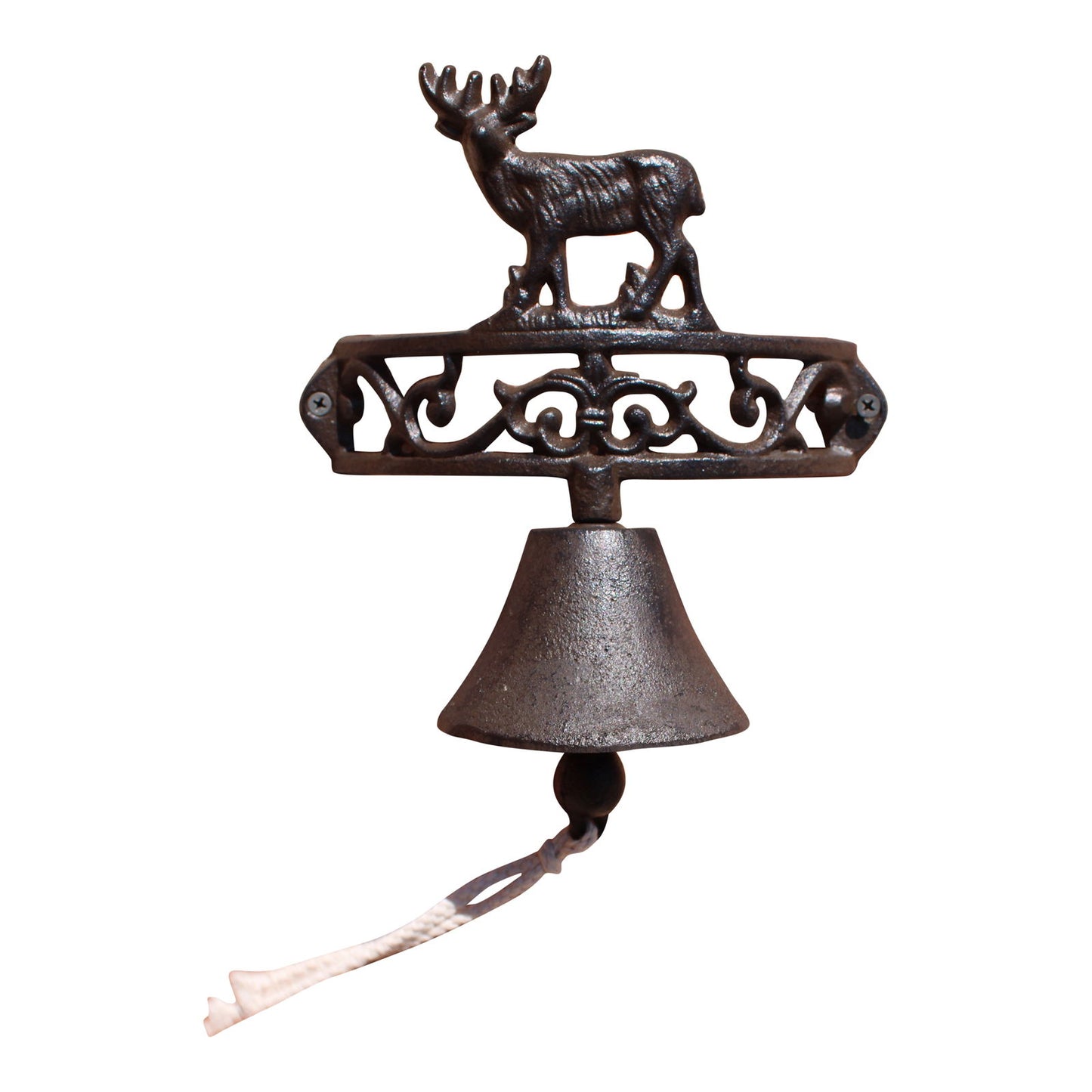 Rustic cast iron wall bell with a decorative moose figure and hanging rope from Geko Products