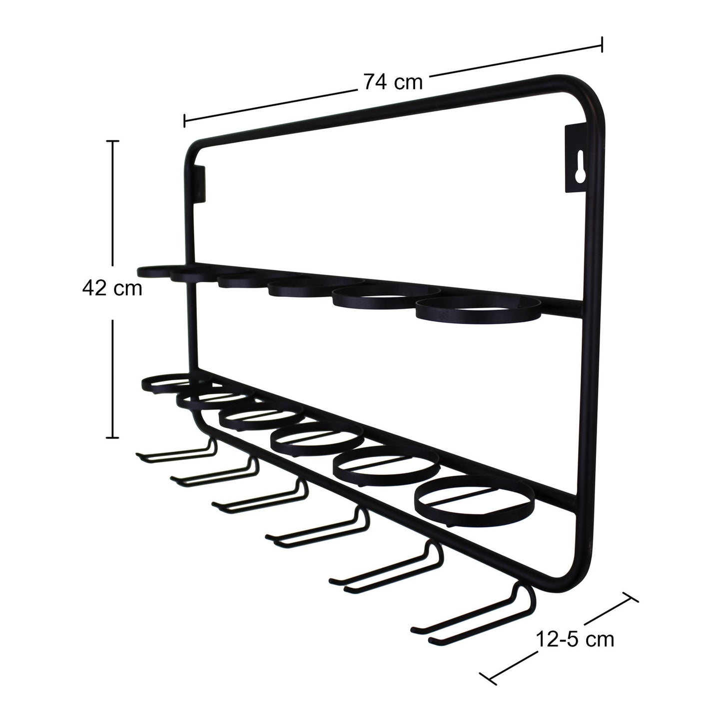 Black metal wall mounted wine rack with dimensions 74 cm by 42 cm by 12.5 cm for bottle and glass storage
