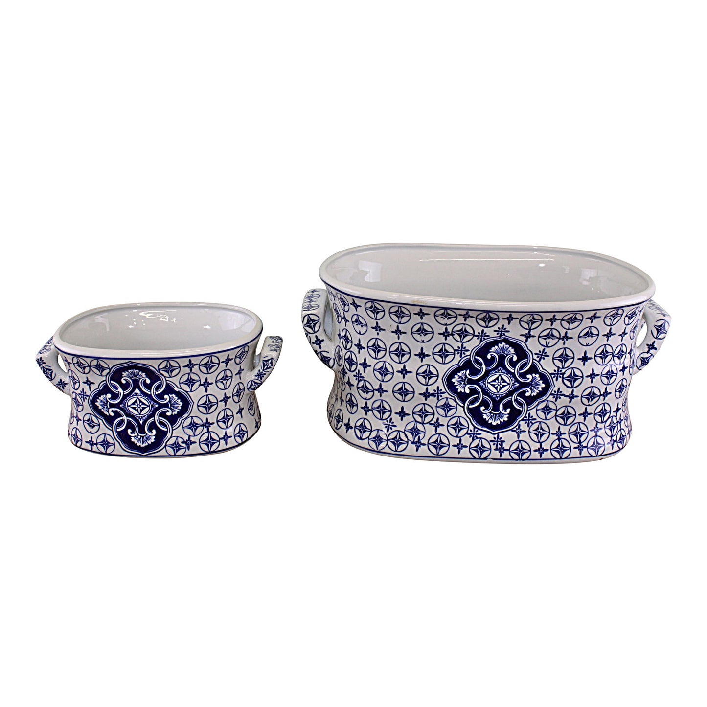 Set of two vintage ceramic planters with blue decorative patterns and side handles