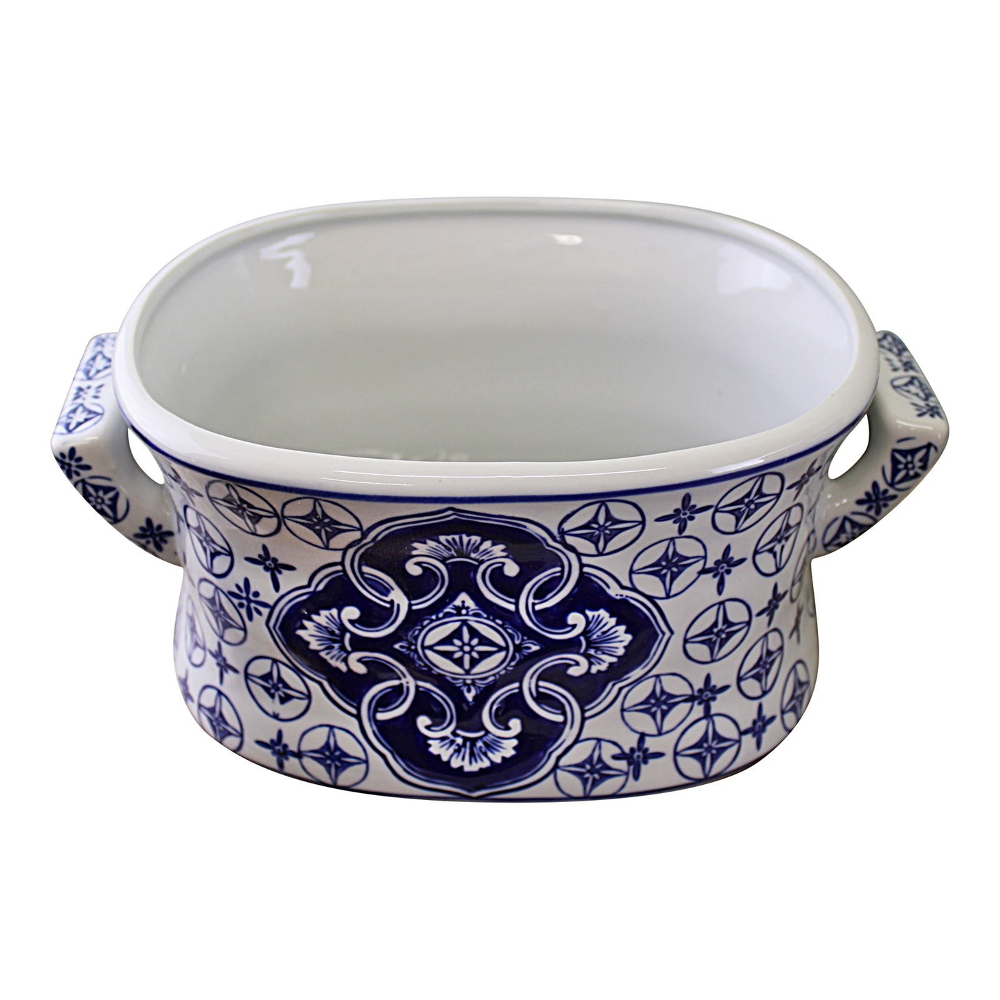 Geko Products vintage ceramic planters with blue intricate floral designs and dual side handles
