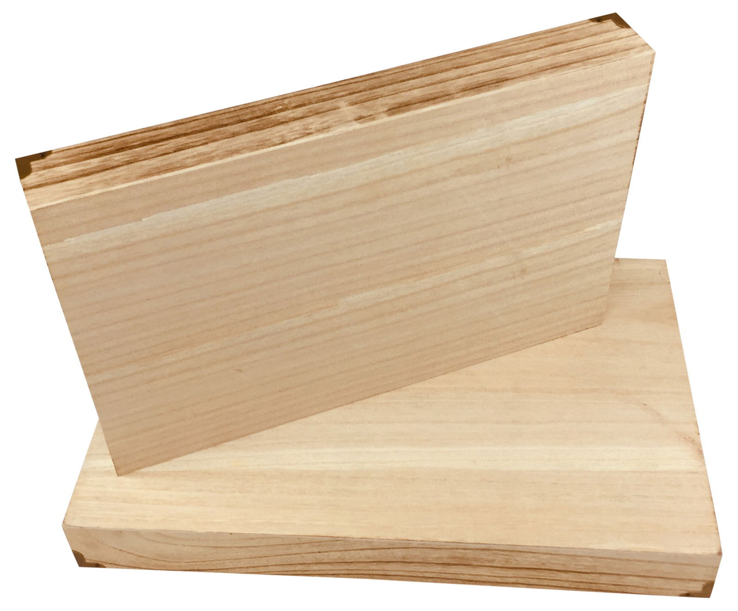 Geko Products solid wood serving trays with natural light wood finish stacked on white background