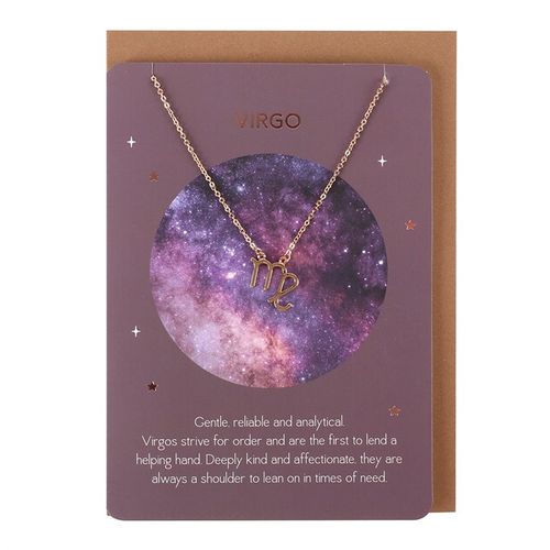 Virgo Necklace Card featuring a delicate Zodiac pendant on a celestial background, perfect for astrology lovers