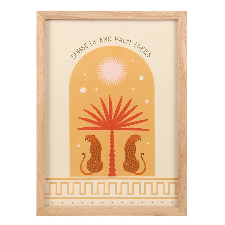 Leopard wall art print featuring two leopards with a palm tree in a warm sunset theme