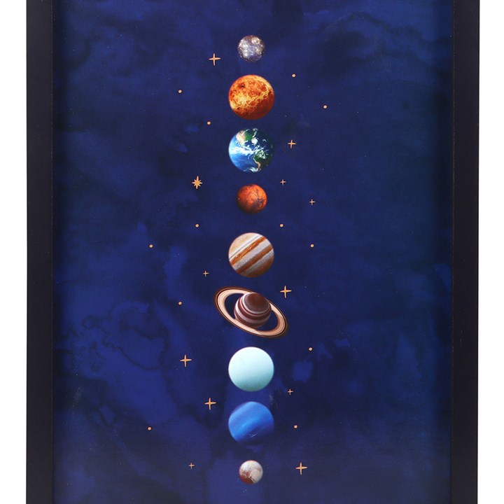 Framed Solar System Wall Print featuring planets on a dark blue background