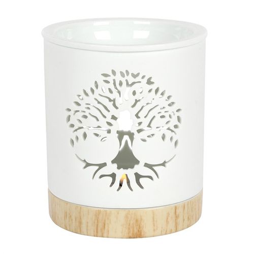 Tree of Life wax warmer gift set featuring a white ceramic oil burner with intricate tree design