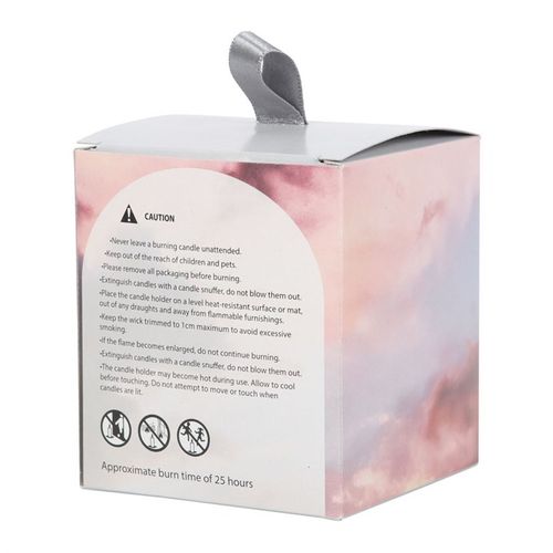 White Sage Crystal Chip Candle in pink box with safety instructions and 25 hours burn time for positivity