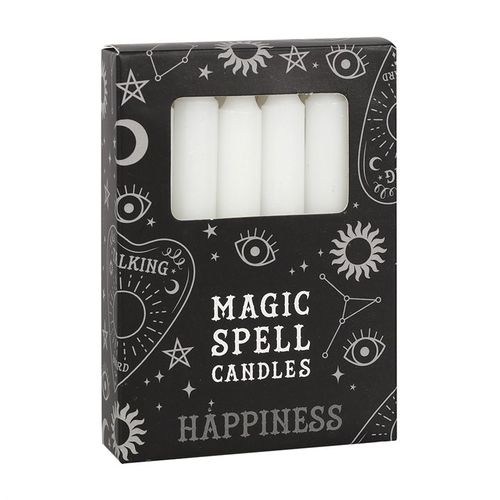 Pack of white spell candles for happiness with mystical designs and five candles inside