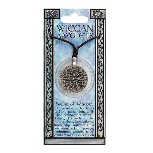 Seeker of Wisdom Wiccan amulet necklace with intricate design and gemstone, perfect for spiritual practices