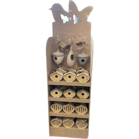 Wildlife house display for gardens showing various birdhouses on a wooden stand by Geko Products