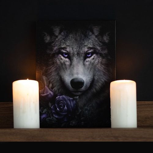 19x25cm Wolf Roses Canvas Plaque featuring a wolf and purple roses, perfect wolf rose canvas art for home decor