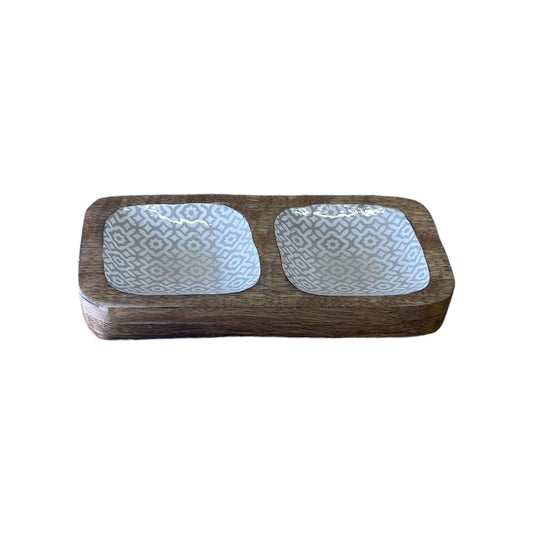 Geko Products wood enamel snack bowls with patterned white enamel insert in double wooden holder
