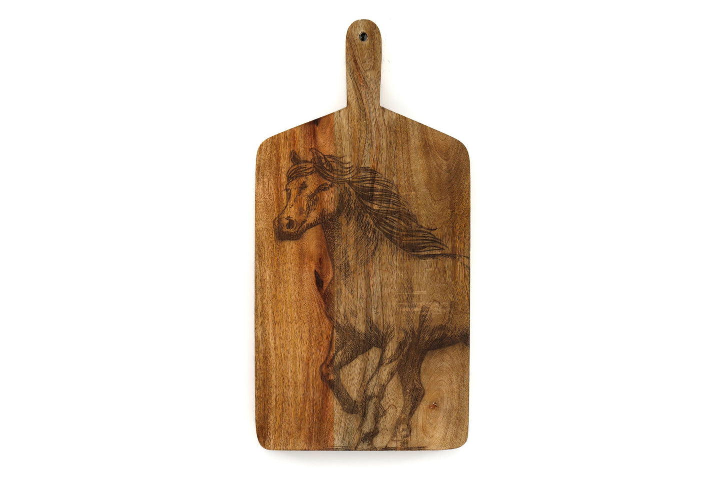 Geko Products engraved horse chopping board made of wood with detailed horse design and handle