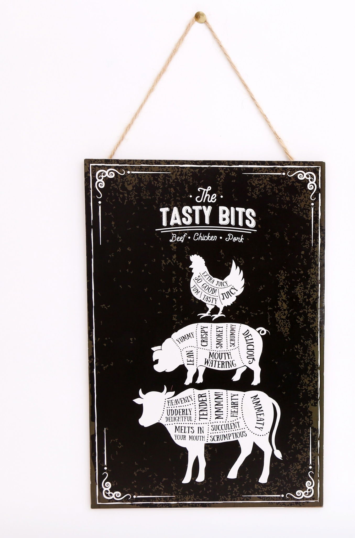 Geko Products wooden hanging plaque with black background and white farm animal illustrations for kitchen decor