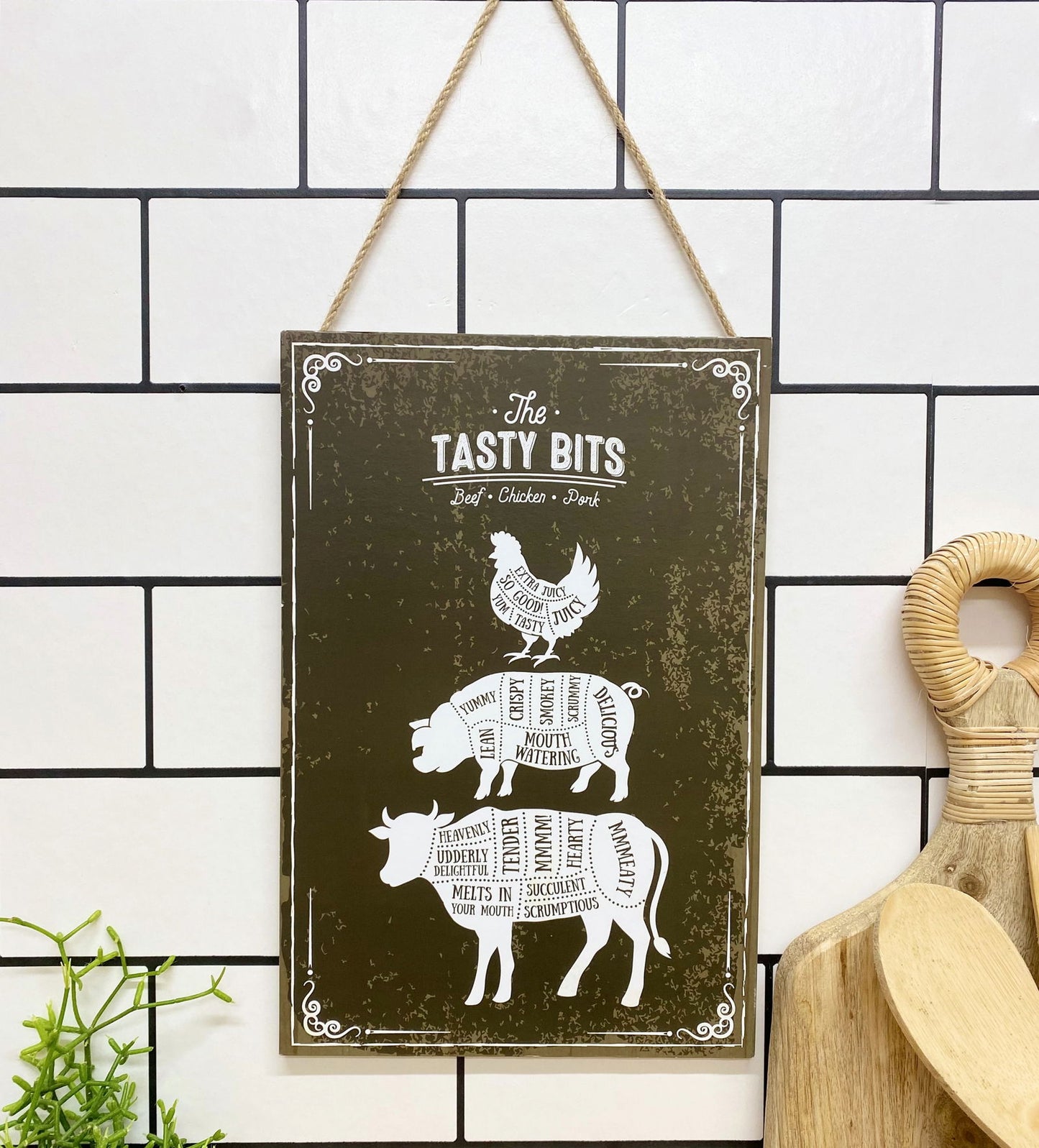 Geko Products wooden hanging plaque with farm animal illustrations and The Tasty Bits text