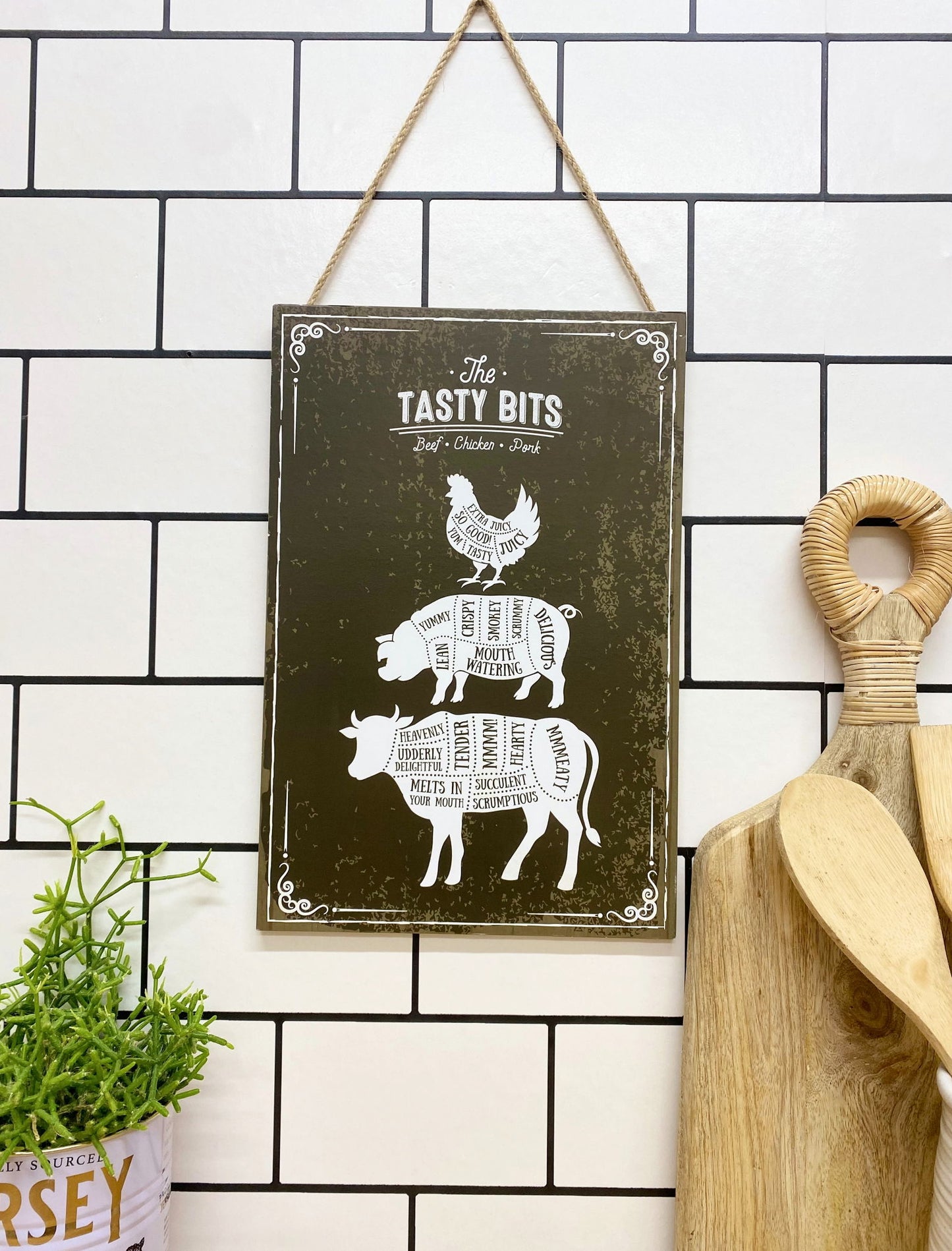 Geko Products wooden hanging plaque with farm animal cuts diagram for kitchen decor