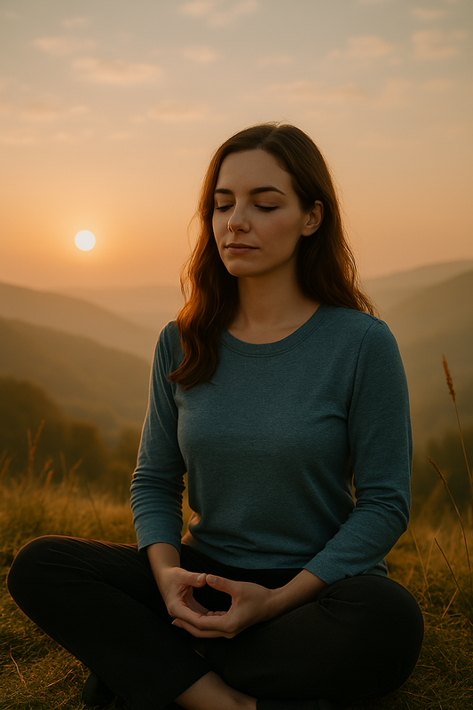 Calm individual meditating at sunrise, symbolising the first step into spirituality